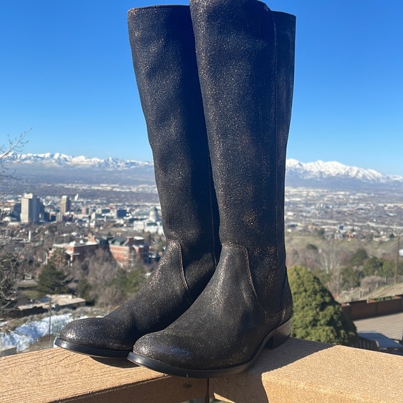 FRYE “Melissa Stud back zip” tall boots. Shimmering black leather. New in box! - Picture 1 of 12